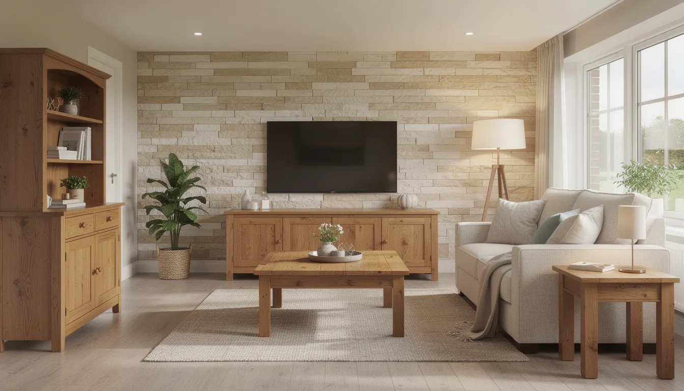 Een landelijke woonkamer met een sfeervolle uitstraling, waarin lichte zelfklevende steenstrips zijn aangebracht als wandbekleding achter de tv. De houten meubelen en de natuursteenlook van de steenstrips creëren een stijlvol en karaktervol interieur.