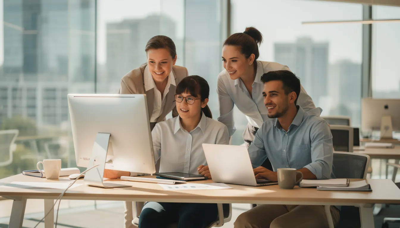 The image depicts a professional team collaborating around a computer screen in a modern office setting, highlighting the importance of quality web development for achieving business goals. Their focused discussion emphasizes how investing in professional website design can enhance user experience and ultimately support long-term value, avoiding the hidden costs associated with cheap websites.