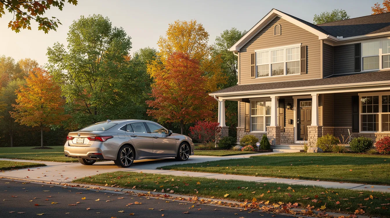 A car is parked in a suburban driveway beside a house, with autumn leaves starting to appear on the nearby trees, signaling the transition from summer to fall. This scene could serve as a perfect opportunity to review your current insurance coverage as the season changes.