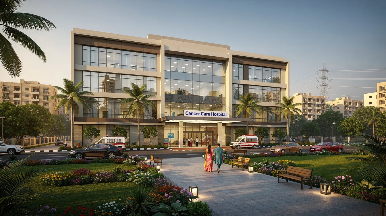 The image depicts a modern cancer hospital building surrounded by a beautifully landscaped entrance, set in an urban Indian city. This facility is equipped with advanced medical equipment and healthcare facilities, designed to provide essential treatment and support for patients facing medical emergencies.