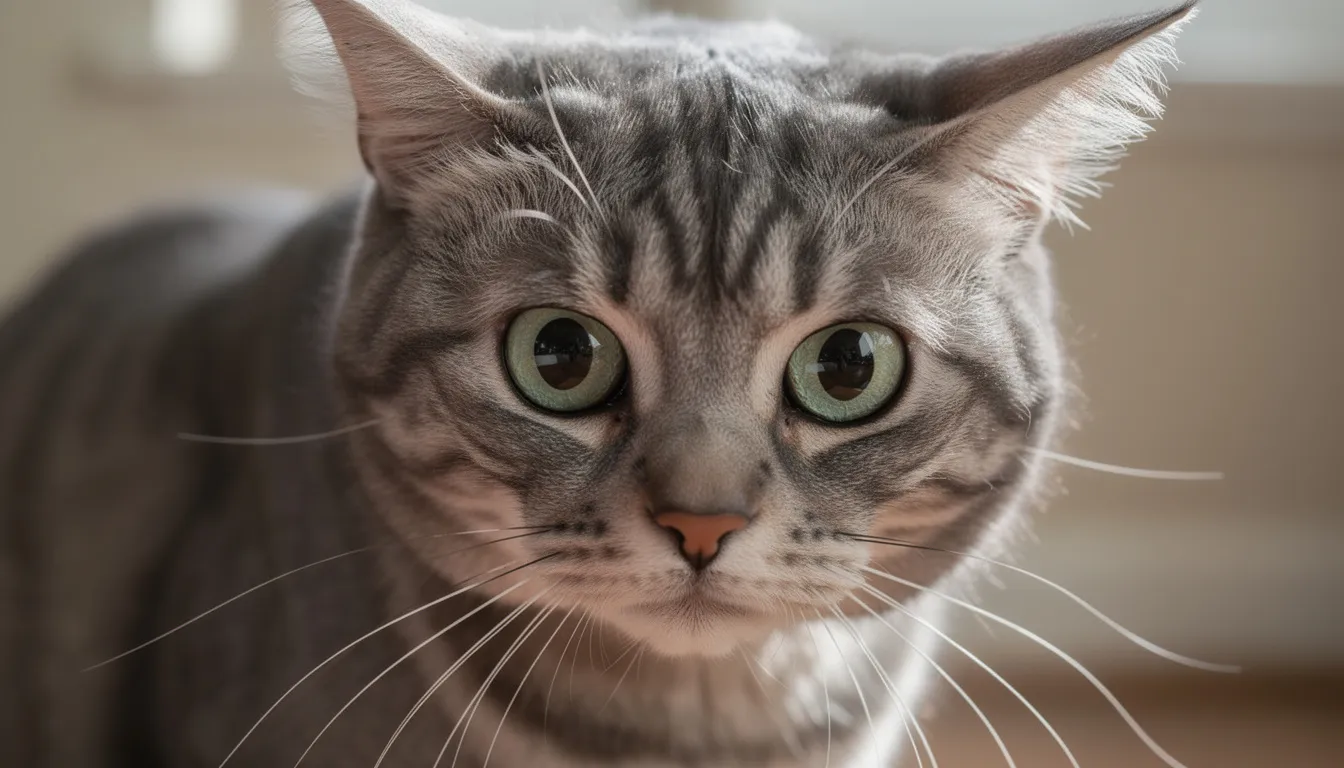 Een agressieve kat met een gespannen lichaamshouding, oren naar achteren en grote pupillen, toont duidelijk angst of agressief gedrag. Deze kat lijkt klaar om aan te vallen, wat kan wijzen op omgerichte agressie of stress door een andere kat in de buurt.