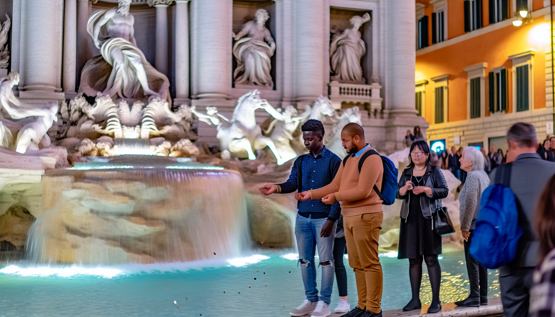 Coins being tossed into the Trevi Fountain