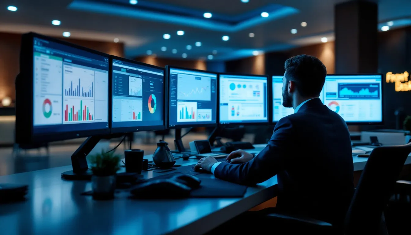 A night auditor is diligently working at the front desk of a hotel, surrounded by multiple computer screens displaying financial data related to the night audit process, including room occupancy and guest accounts. This critical role involves managing financial transactions and preparing necessary reports to ensure smooth hotel operations during the night shift.