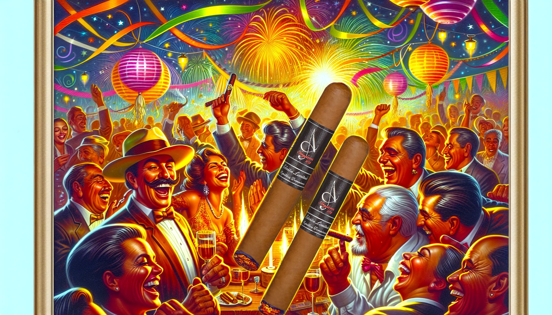 An artistic representation of a celebration featuring Fire Angelenos God Cigars, highlighting the festive atmosphere.