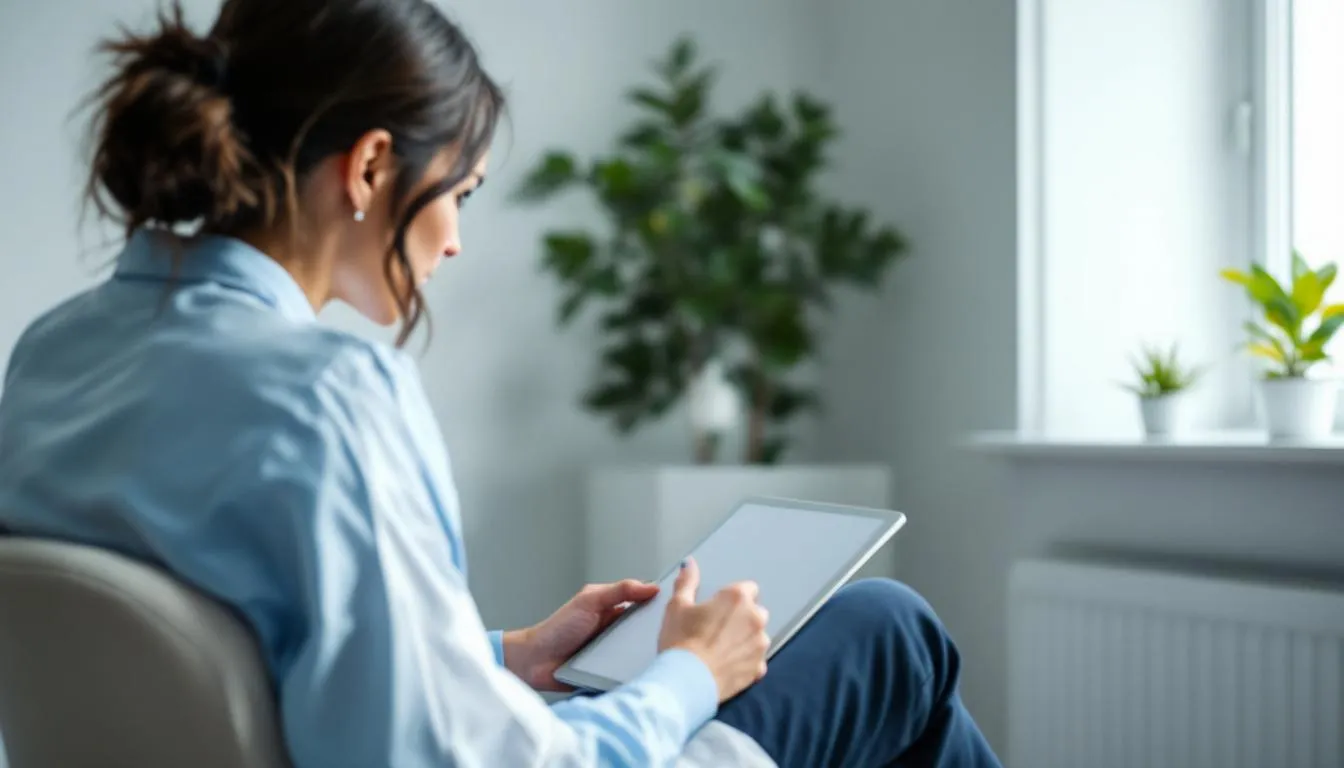 In a medical office, a woman is engaged in a consultation with her healthcare provider, discussing topics related to testosterone therapy and its effects on sexual desire and overall health. The setting emphasizes a supportive environment where issues like low testosterone levels and sexual dysfunction in postmenopausal women are addressed.