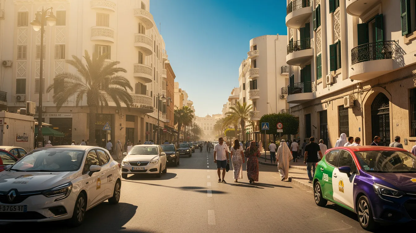 Une rue animée de Casablanca est remplie de voitures et de piétons, avec des bâtiments art déco qui se dressent sous un soleil éclatant. Cette scène dynamique évoque l'atmosphère vibrante du centre-ville, où la location de voitures est une option prisée pour explorer la ville et ses environs.