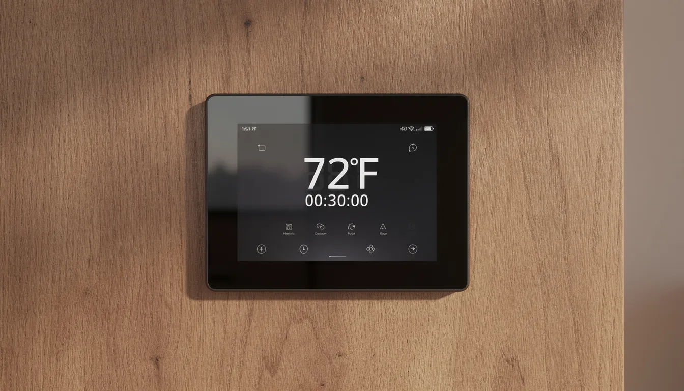 The image features a digital touchscreen control panel mounted on a rustic wooden wall, displaying temperature and timer settings for a sauna room. This modern control solution enhances the sauna experience, allowing users to easily adjust the settings for optimal relaxation.