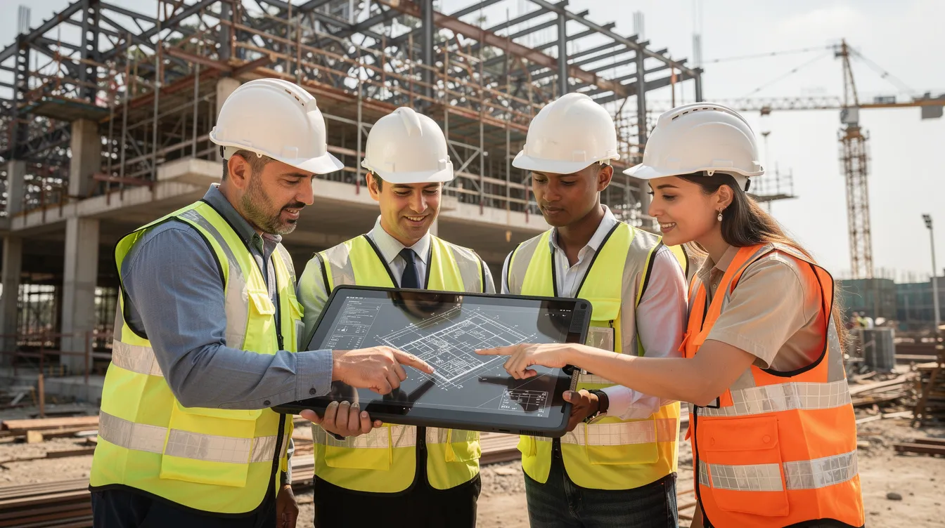 A professional team is gathered at an active construction site, intently reviewing architectural plans on a tablet, showcasing their expertise in project management and commercial construction. This scene emphasizes the collaboration and commitment of construction companies in delivering high-quality projects.