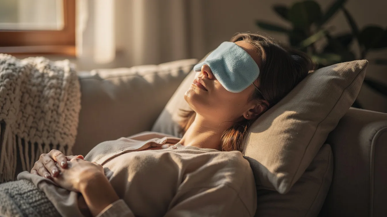 A person resting at home with a cool compress over closed eyes after lower eyelid surgery.