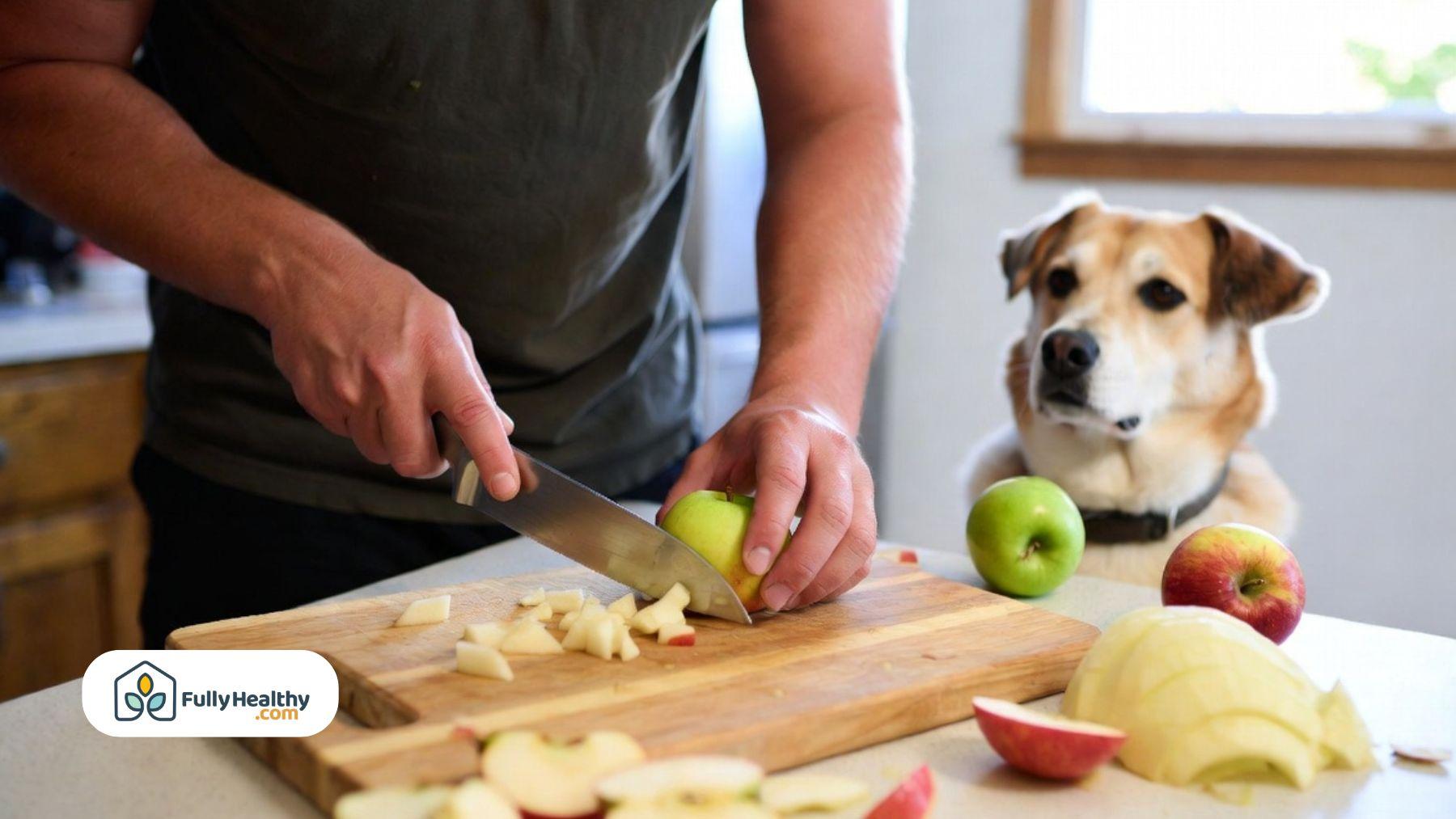 Person cutting fresh apples into small pieces while dog watches.