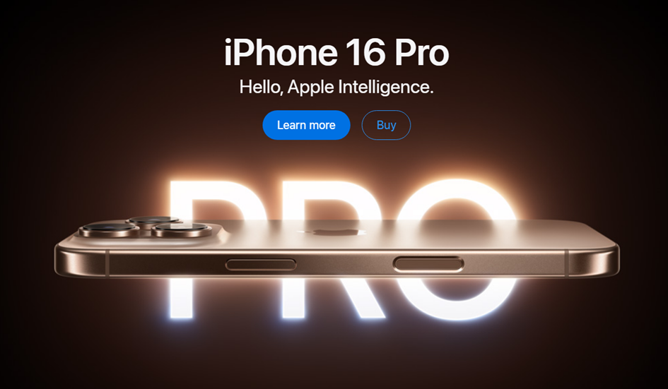 iPhone 16 Pro banner showcasing its sleek side profile, glowing 'PRO' text, and CTA buttons for learning more or purchasing