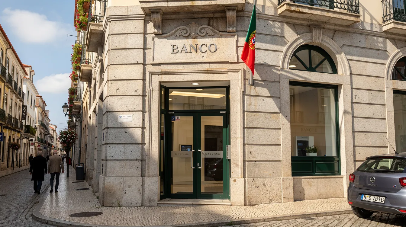 The image depicts a traditional Portuguese bank branch featuring a charming stone facade, situated on a sunny European street, embodying the architectural style of the region. This inviting setting represents the best bank services in Portugal, offering a range of banking services including savings accounts and online banking options.