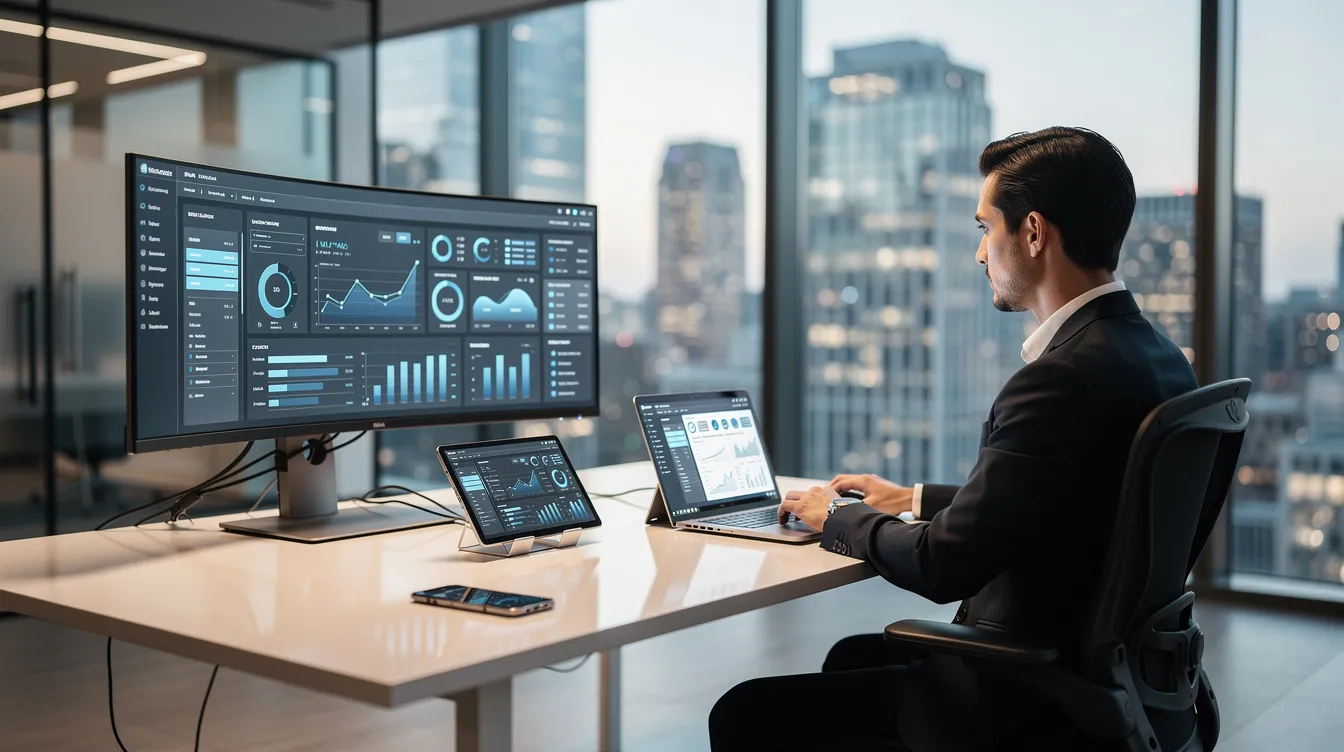 The image depicts a person working in a modern office surrounded by multiple connected digital devices, effectively utilizing agentic AI systems and generative AI models to complete complex tasks with minimal human intervention. The workspace highlights the integration of various AI agents and tools that streamline workflows and enhance productivity.