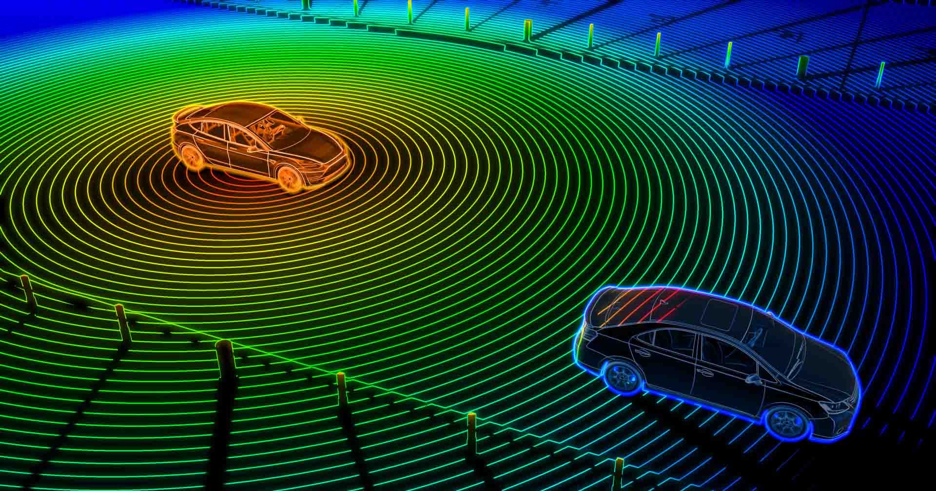 the view of what lidar, self driving technology, can see while scanning the area around the car