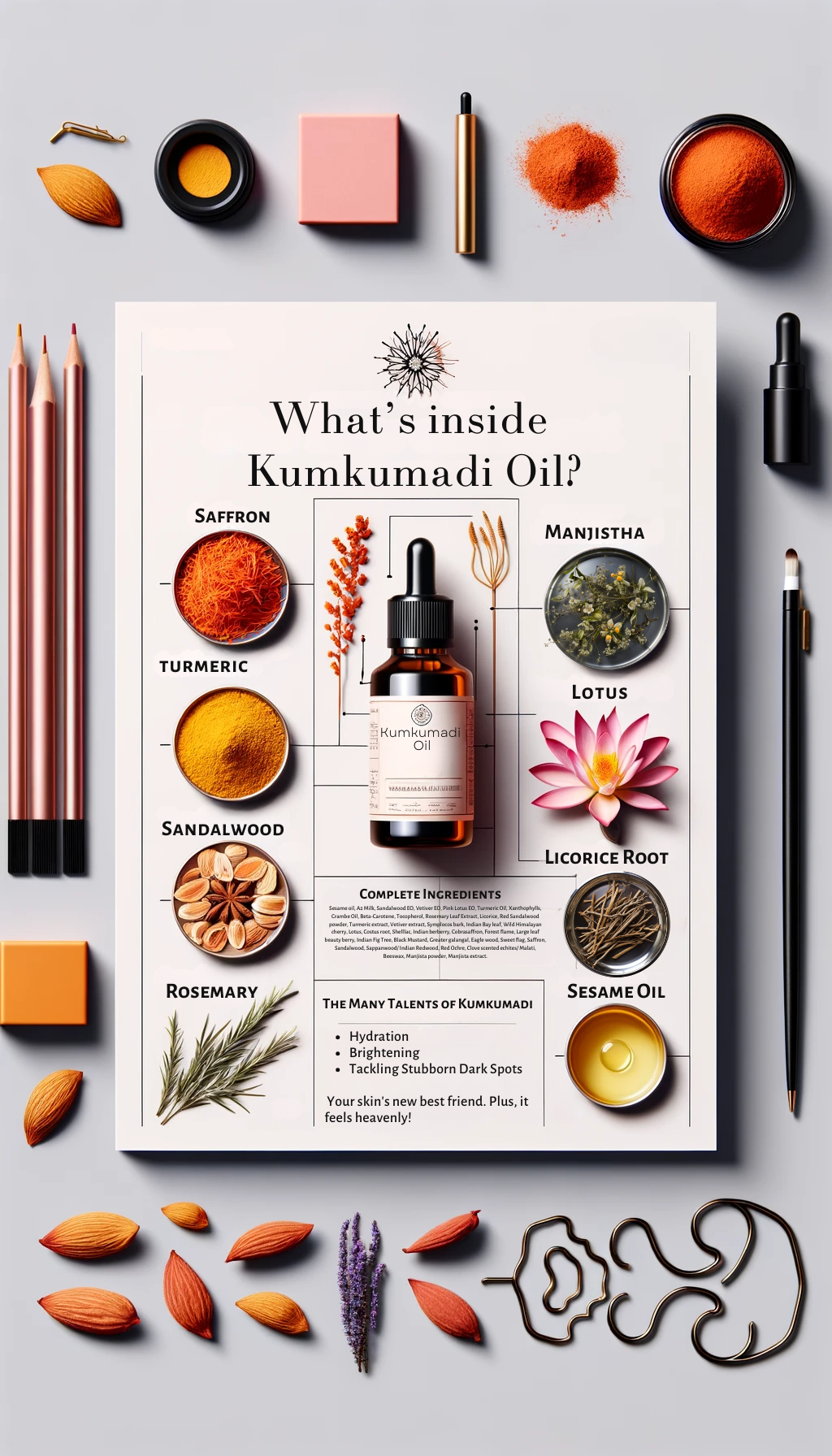 Infographic: What's inside Kumkumadi Oil? The ingredients of kumkumadi oil including Saffron, tumeric, sandalwood, rosemary, manjistha, lotus, licorice root, sesame oil and other ayurvedic herbs.
