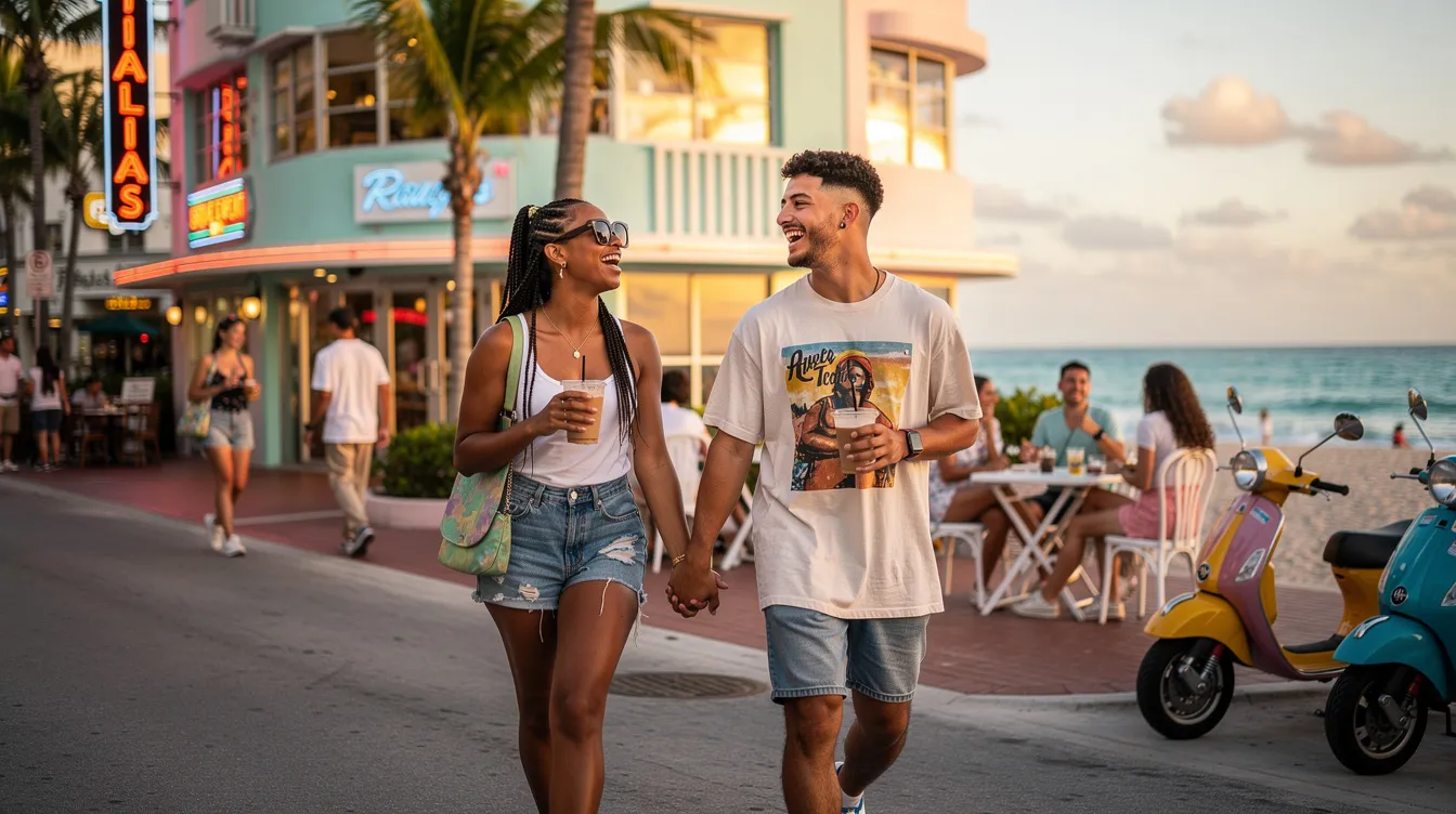 The image depicts a vibrant Miami beach scene where a group of Gen Z individuals engage in casual conversations, showcasing the modern dating trends of the digital age. They are using dating apps and social media to connect with potential romantic partners, reflecting the unique dynamics of contemporary relationships and the evolving dating scene in a lively environment.