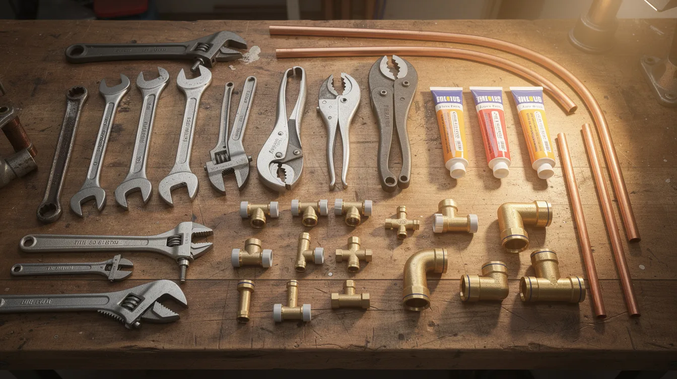 The image shows a workbench cluttered with various plumbing repair tools and materials, including wrenches, cutters, epoxy putty, and push-fit fittings, all essential for fixing issues like pipe blockage and leaks in plumbing systems. This setup highlights the necessary items for effective maintenance and repair of existing pipes, ensuring proper water flow and pressure.