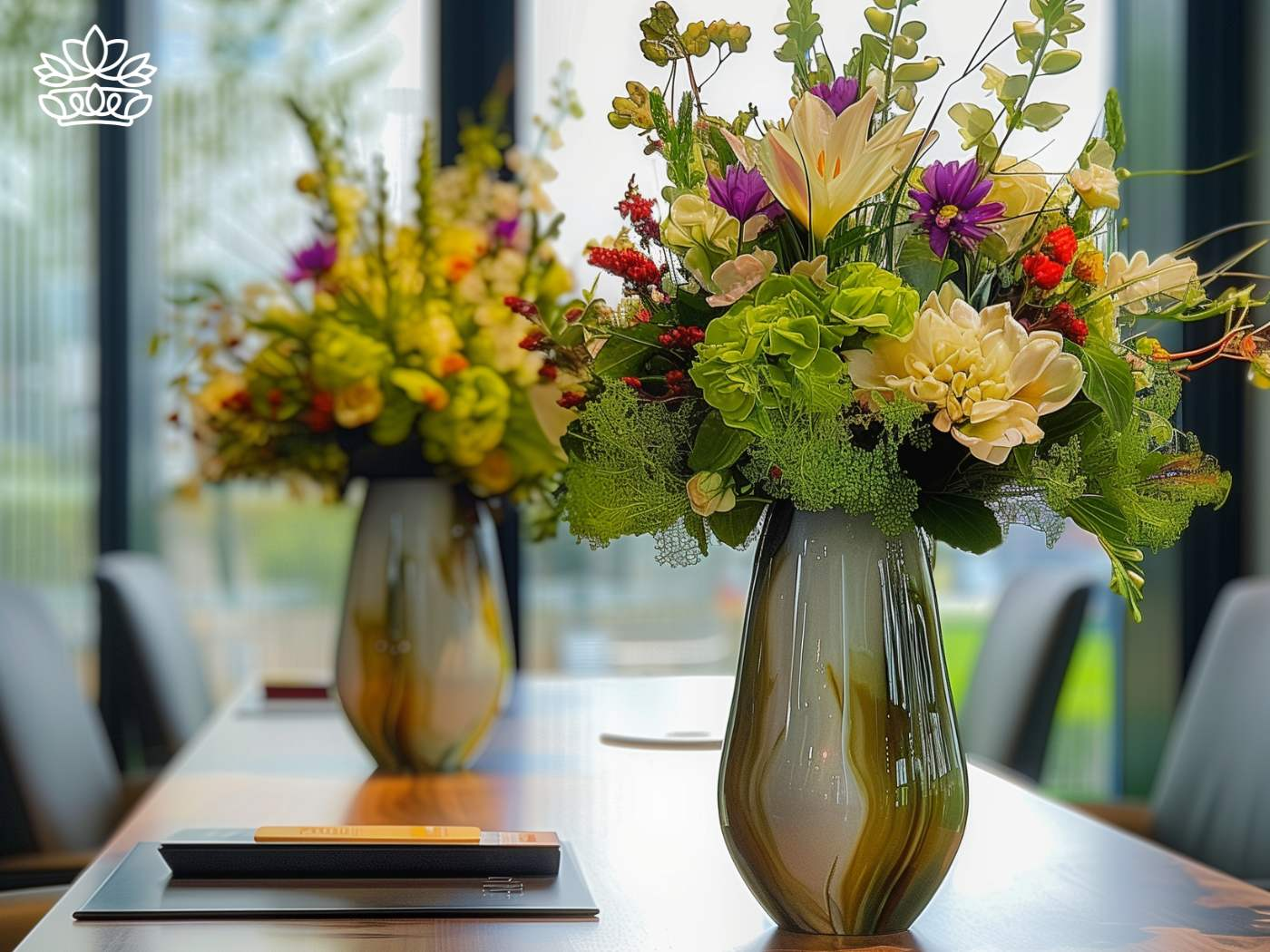 Elegant boardroom setup featuring vibrant floral arrangements in sleek vases, enhancing corporate decor, with arrangements from Fabulous Flowers and Gifts.
