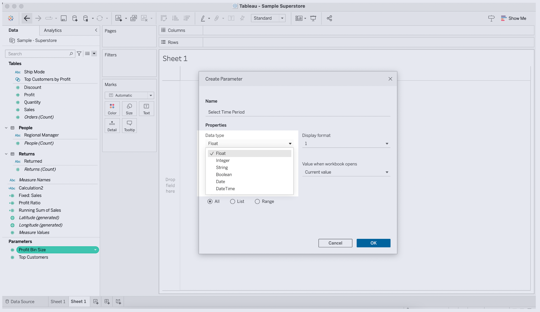 Set data type in parameter dialog box