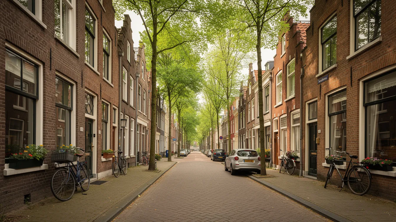 Een karakteristieke Nederlandse straat met bakstenen gevels en bomen, waar de sfeer van de samenleving voelbaar is. Deze straat weerspiegelt het leven van de meeste Nederlanders en hun dagelijkse interacties in de buurt.