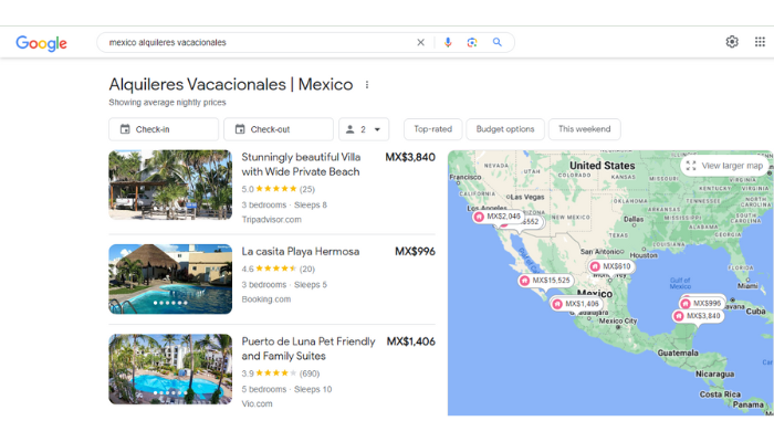 Captura de pantalla de los resultados de búsqueda de Alquileres de Vacaciones de Google.