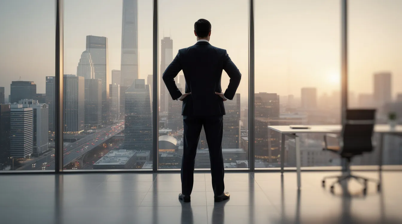 Un dirigeant debout, affichant une grande confiance en soi, observe la ville à travers une baie vitrée dans un bureau moderne. Cette posture assure un sentiment d'estime de soi au travail, illustrant l'importance de la confiance dans le parcours professionnel.