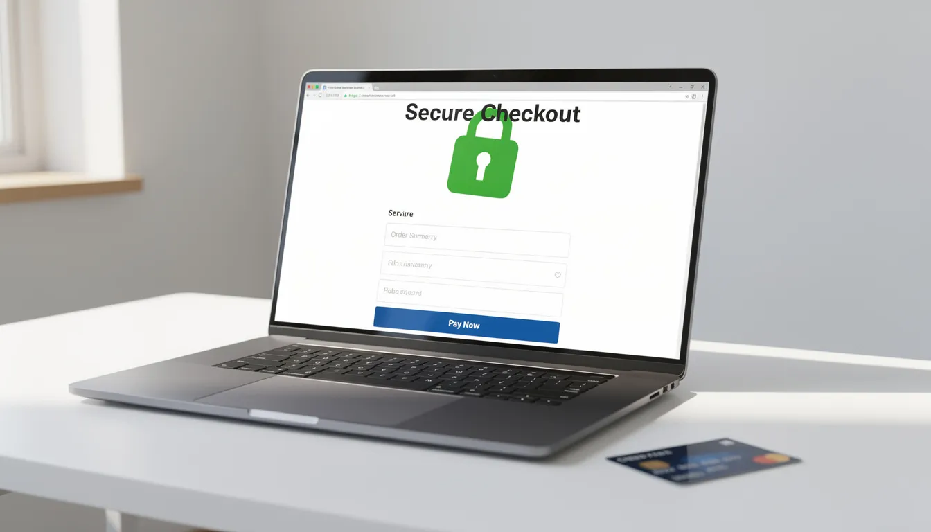 The image shows a laptop with a secure online checkout page open, alongside a credit card, illustrating the process of credit card payments through ecommerce platforms. This setup highlights the importance of payment gateway solutions for businesses to accept payments securely and efficiently.