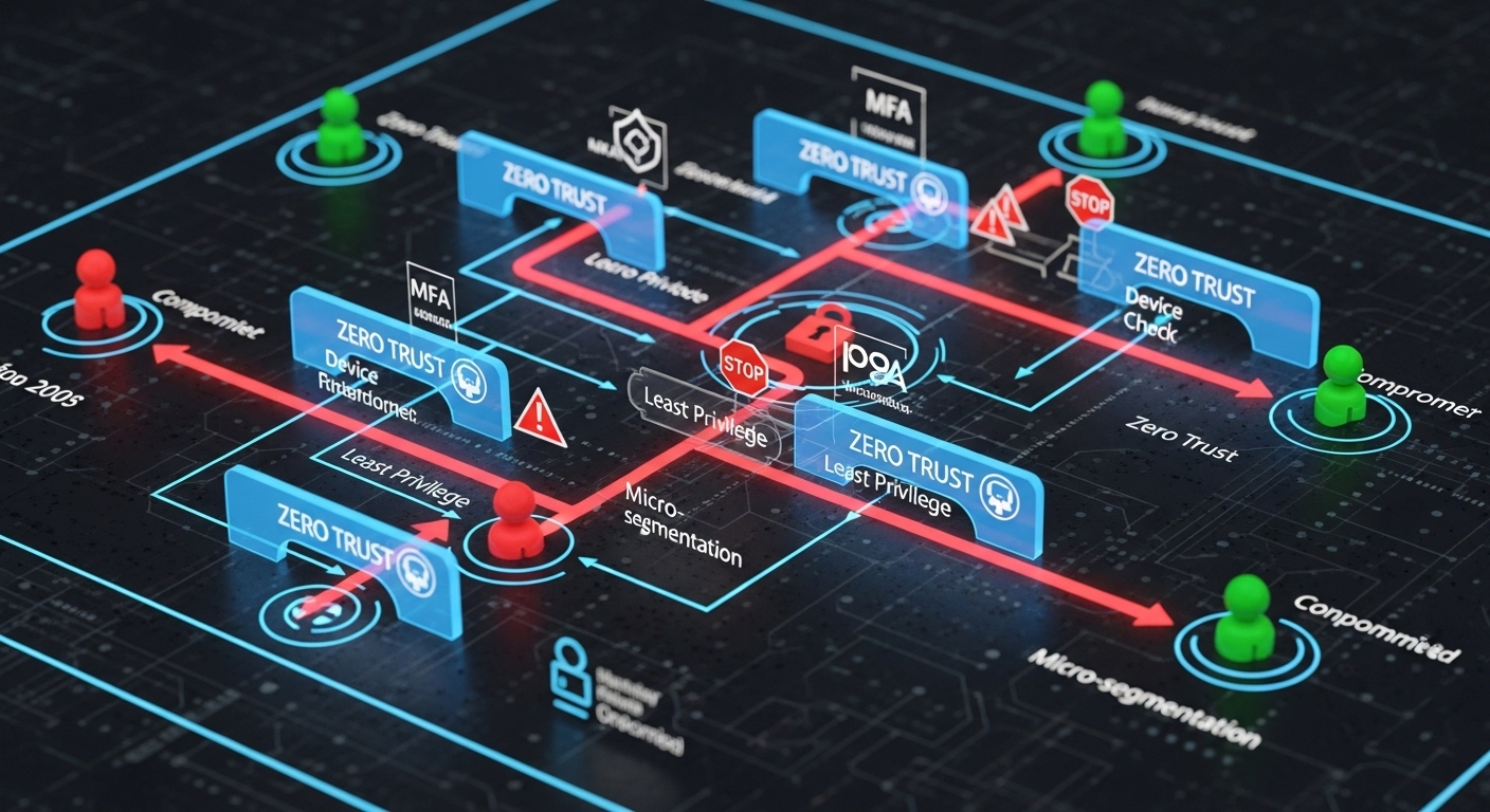 Security diagram showing restricted internal movement after credential compromise in a zero trust architecture.