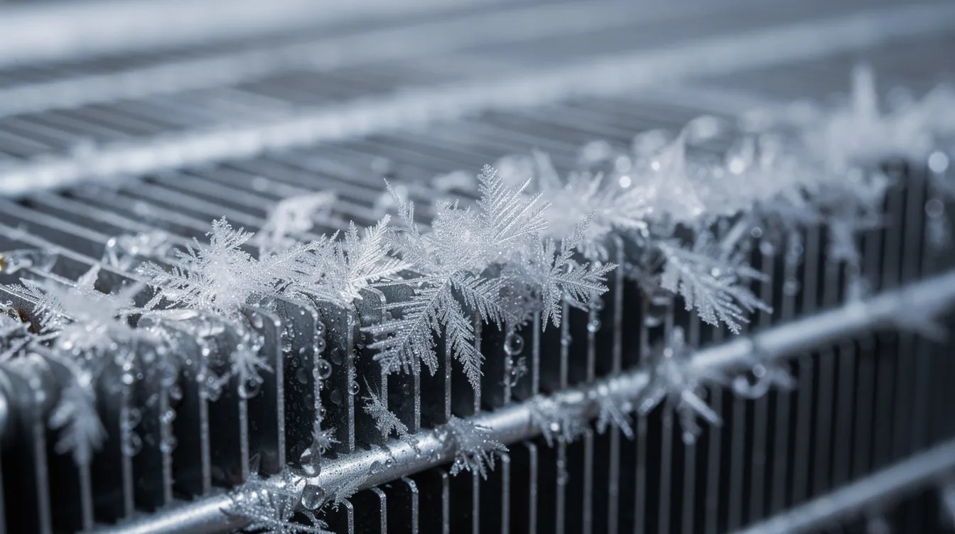 The image depicts frost and ice crystals forming on the metal cooling fins of an air conditioning evaporator coil, indicating a potential airflow issue that can lead to the AC unit freezing up. This buildup of ice can restrict airflow and affect the efficiency of the air conditioner, especially during hot weather.