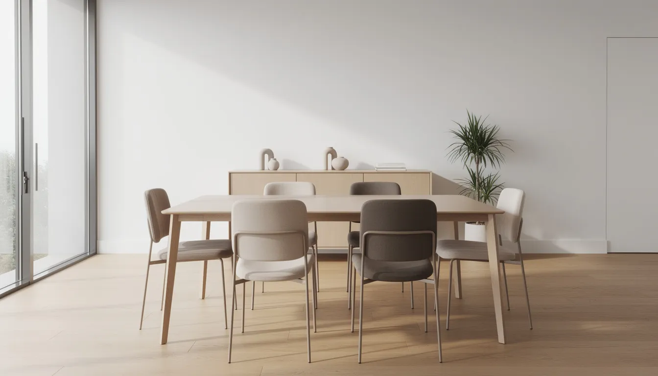 Een moderne eetkamer met een strakke eettafel en stijlvolle, minimalistische eetkamerstoelen in neutrale tinten. Deze comfortabele eetkamerstoelen passen perfect in de hedendaagse woonstijl en bieden een frisse uitstraling aan de eetruimte.