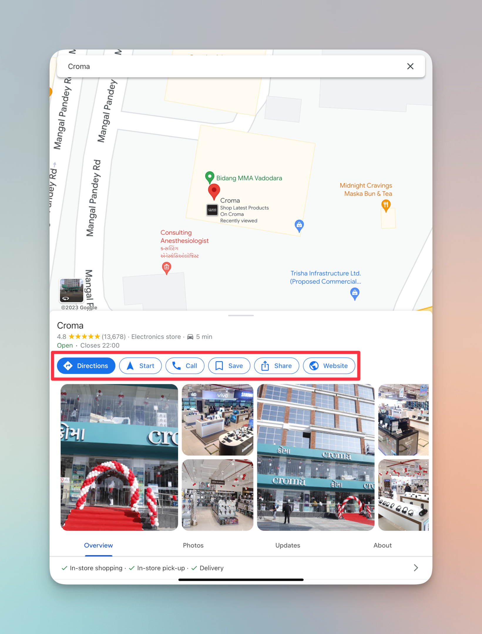 Remote.tools highlighting menu box for the pinned location on Google maps for iPad 