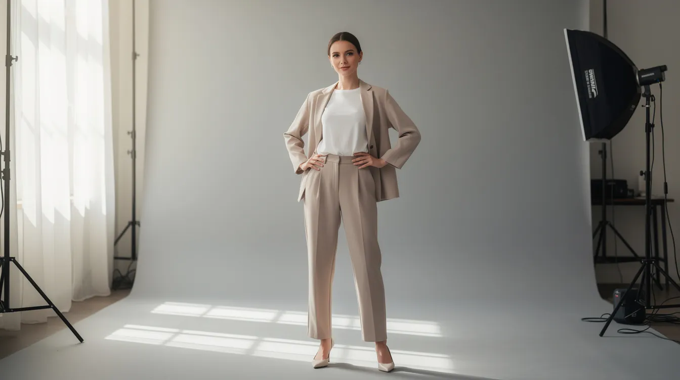 A petite model stands confidently in a photography studio, illuminated by natural light, showcasing her engaging personality and style. This image highlights the diverse body types in the fashion industry, emphasizing that height does not solely define success in modeling.