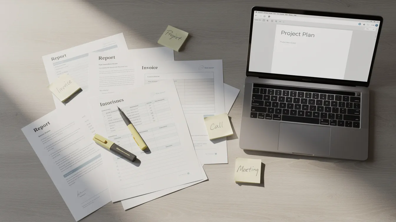 The image shows a cluttered desk with various paperwork and documents scattered around a laptop computer, likely related to real estate financing, including details about debt service coverage ratio (DSCR) and rental income for multifamily properties. This setup suggests a focus on managing operating expenses and cash flow for income-producing properties.