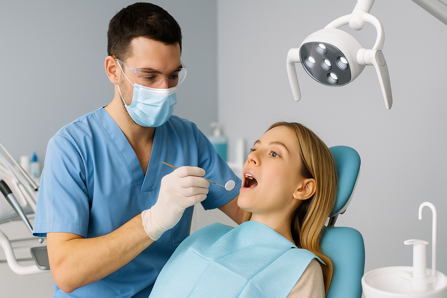 Tannlege undersøker pasient i moderne klinikk, begge med rolig uttrykk og godt lys, tannutstyr synlig i bakgrunnen. Ask ChatGPT