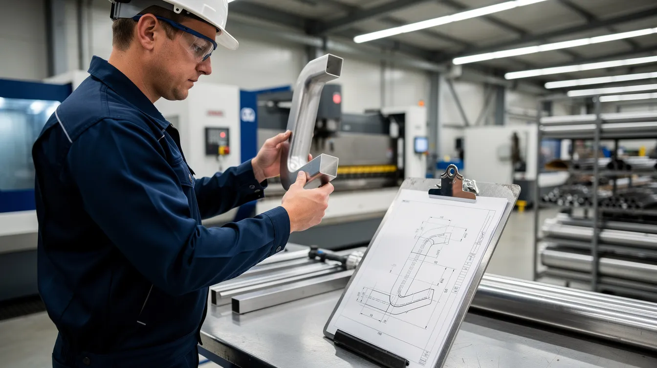 An engineer in a factory is carefully inspecting a precisely bent stainless steel part, ensuring it aligns with the technical drawing's specifications. The bent sheet metal part reflects the attention to detail required for tight tolerances in the bending process.