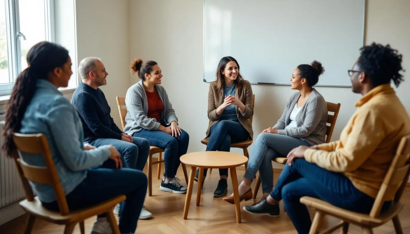 In the image, a diverse group of people sits in a circle during a support group meeting, sharing experiences related to hoarding and clutter. This gathering symbolizes hope and new beginnings as they discuss resources and strategies for overcoming hoarding situations and achieving a fresh start in their lives.