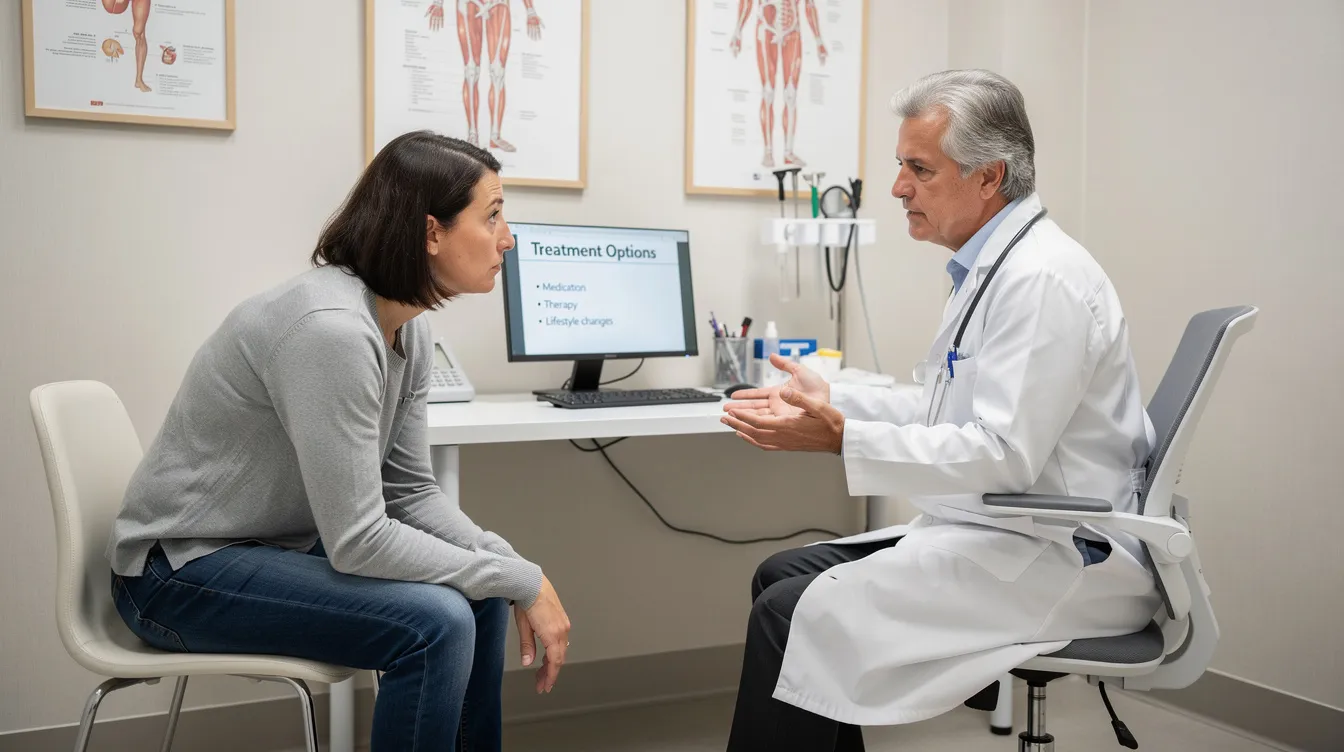 The image depicts a medical consultation room where a doctor and a patient are engaged in a discussion about treatment options for conditions like gynecomastia, which involves excess glandular breast tissue and chest fat. The setting emphasizes the importance of an accurate diagnosis and potential surgical treatment options for achieving a more masculine chest contour.