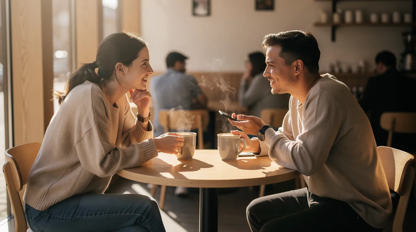 Two people are seated at a small table, enjoying coffee and engaged in a lively conversation, showcasing their emotional intimacy and connection. Their interaction reflects a strong foundation in their relationship as they share insights about their life goals and values.