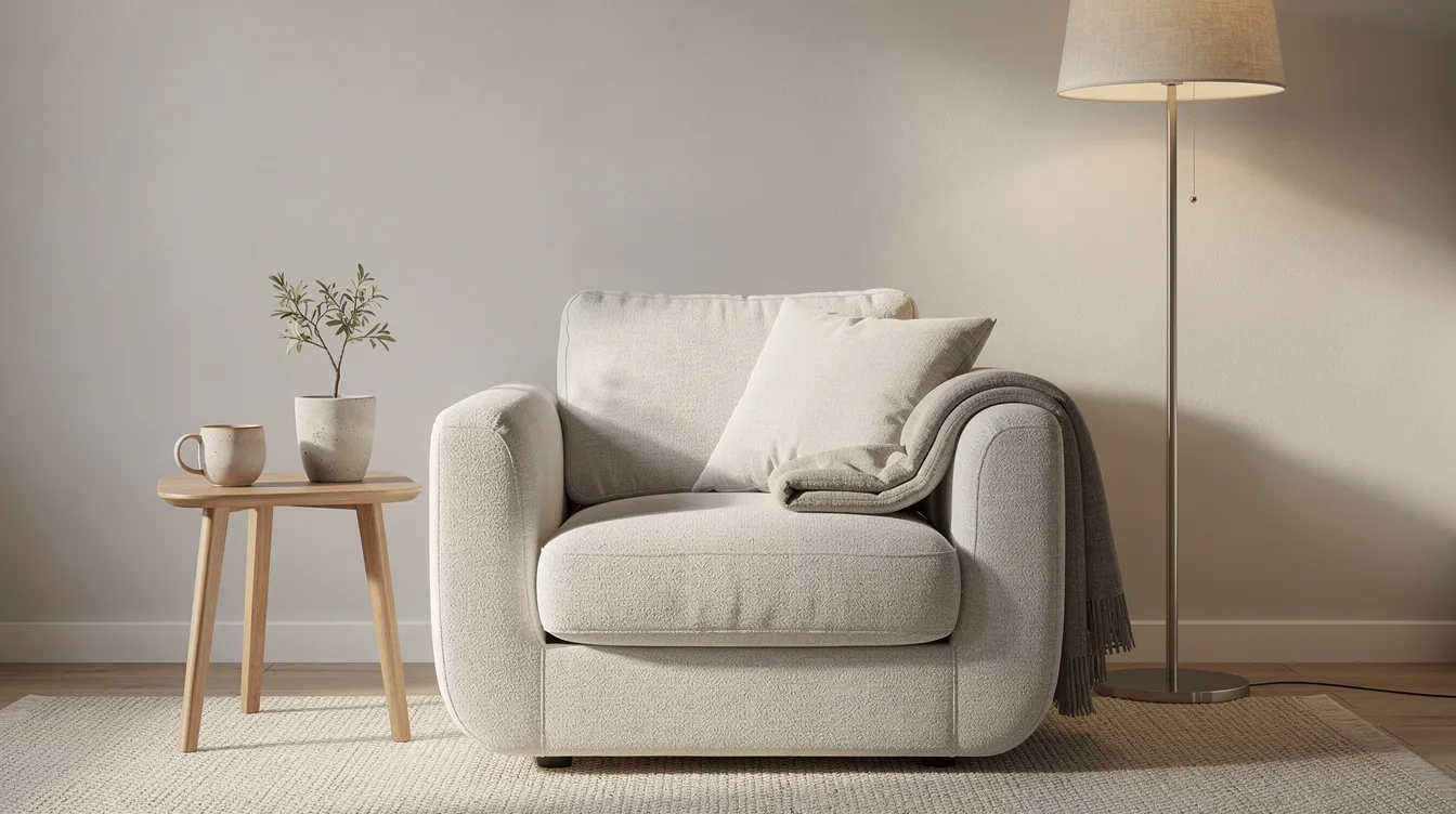 En mysig vardagsrumshörna med en ljus, kompakt fåtölj i beige färg, placerad bredvid ett litet sidobord och en golvlampa som ger ett varmt ljus. Fåtöljen erbjuder komfort och passar perfekt för avkoppling i hemmet.