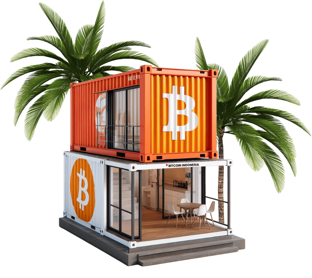 An illustration of a double story house with Bitcoin logos on the side. 