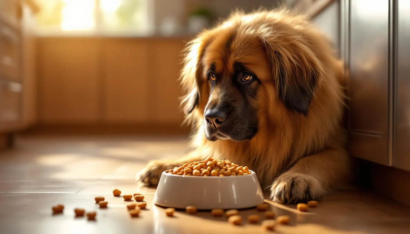 A leonberger dog, characterized by its reddish-brown double coat and lion-like appearance, is happily eating high-quality dog food from a bowl. This gentle giant, known for being a great family pet, showcases its large size and friendly demeanor while enjoying its meal.