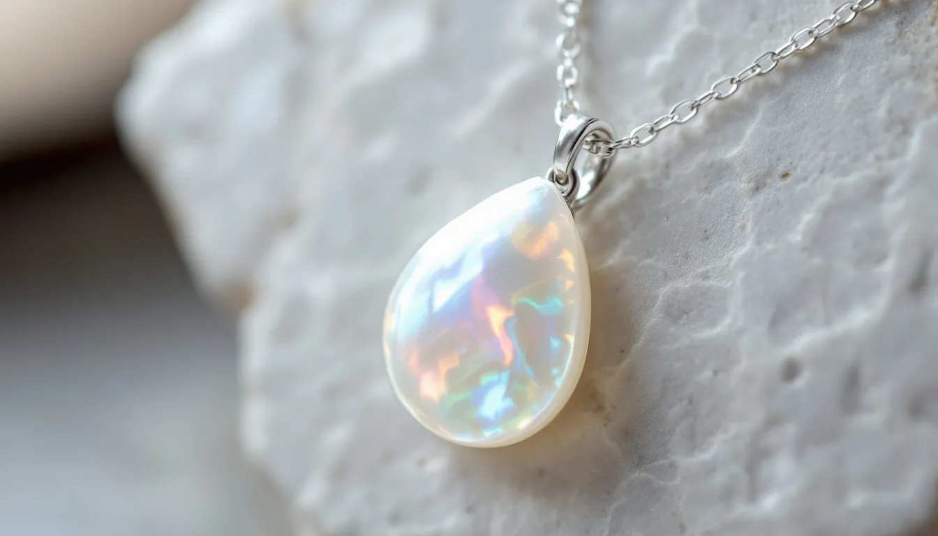 The image features an authentic mother of pearl teardrop pendant, showcasing its unique luster and iridescent surface formed from successive layers of nacre. This fine jewelry piece is a beautiful example of pearl jewelry, often crafted from mollusk shells, and serves as a stunning personal accessory.