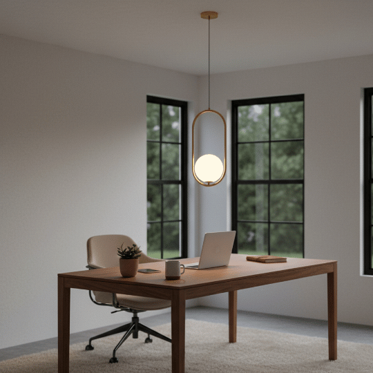 Oval pendant light with warm glow above a home office desk, featuring modern pendant lighting, minimalist design, and contemporary interior styling.