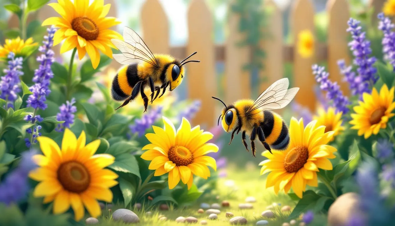 Carpenter bees pollinating flowers in a garden.