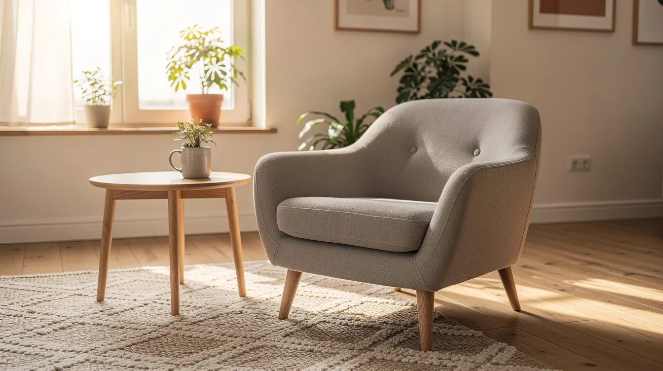 Een gezellige woonkamer met een comfortabele fauteuil in Scandinavische stijl, gelegen naast een vloerkleed en een houten bijzettafel, biedt een chique sfeer en een perfecte plek om te ontspannen met een goed boek. De fauteuil, een echte blikvanger, past perfect in het interieur en versterkt de natuurlijke uitstraling van de ruimte.