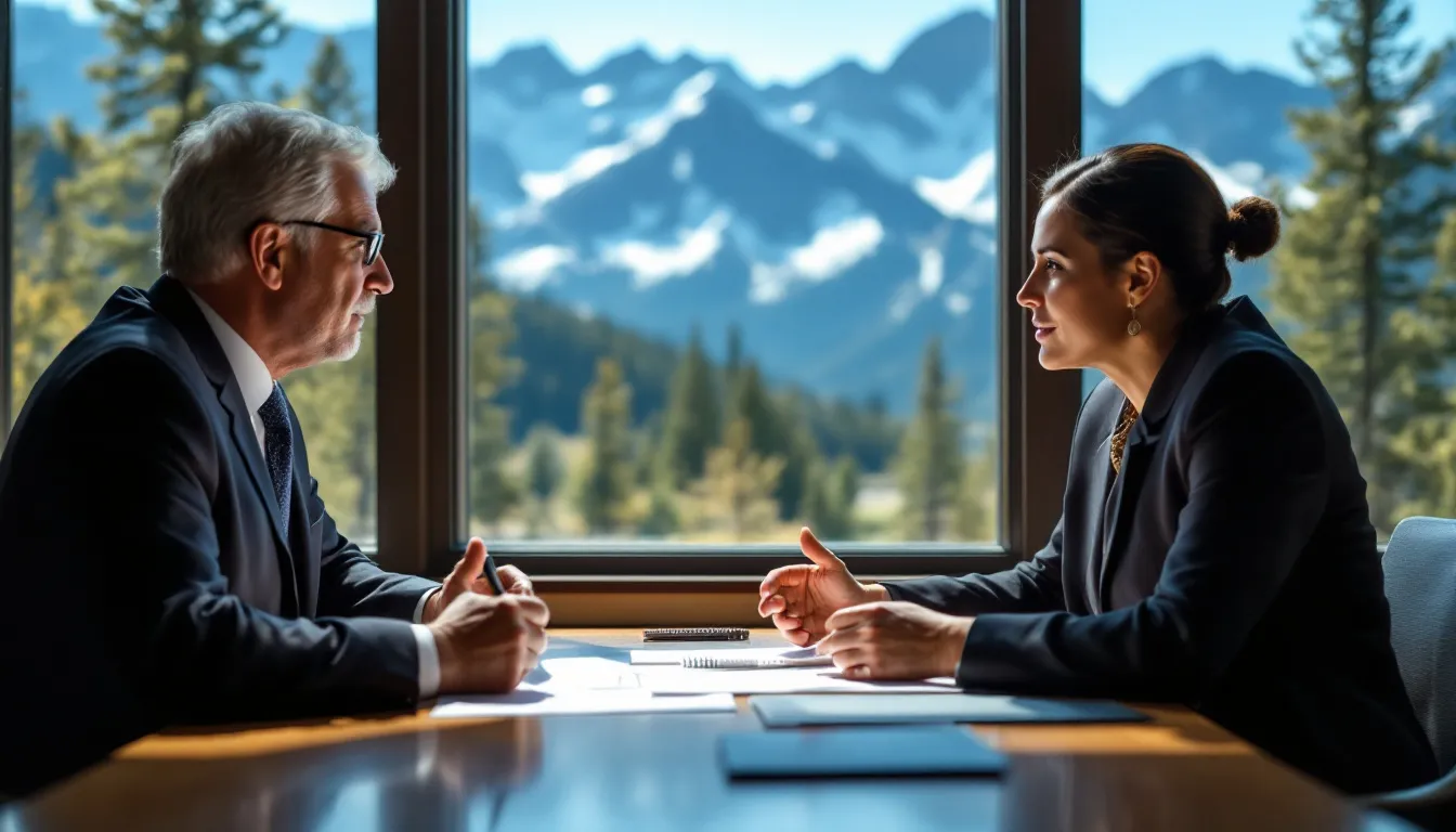 In the image, an attorney is explaining complex workers compensation law to a client, with the stunning Colorado landscape in the background. The scene captures the attorney's focus on providing legal assistance regarding personal injury cases, emphasizing the importance of understanding workers compensation rights for injured employees.