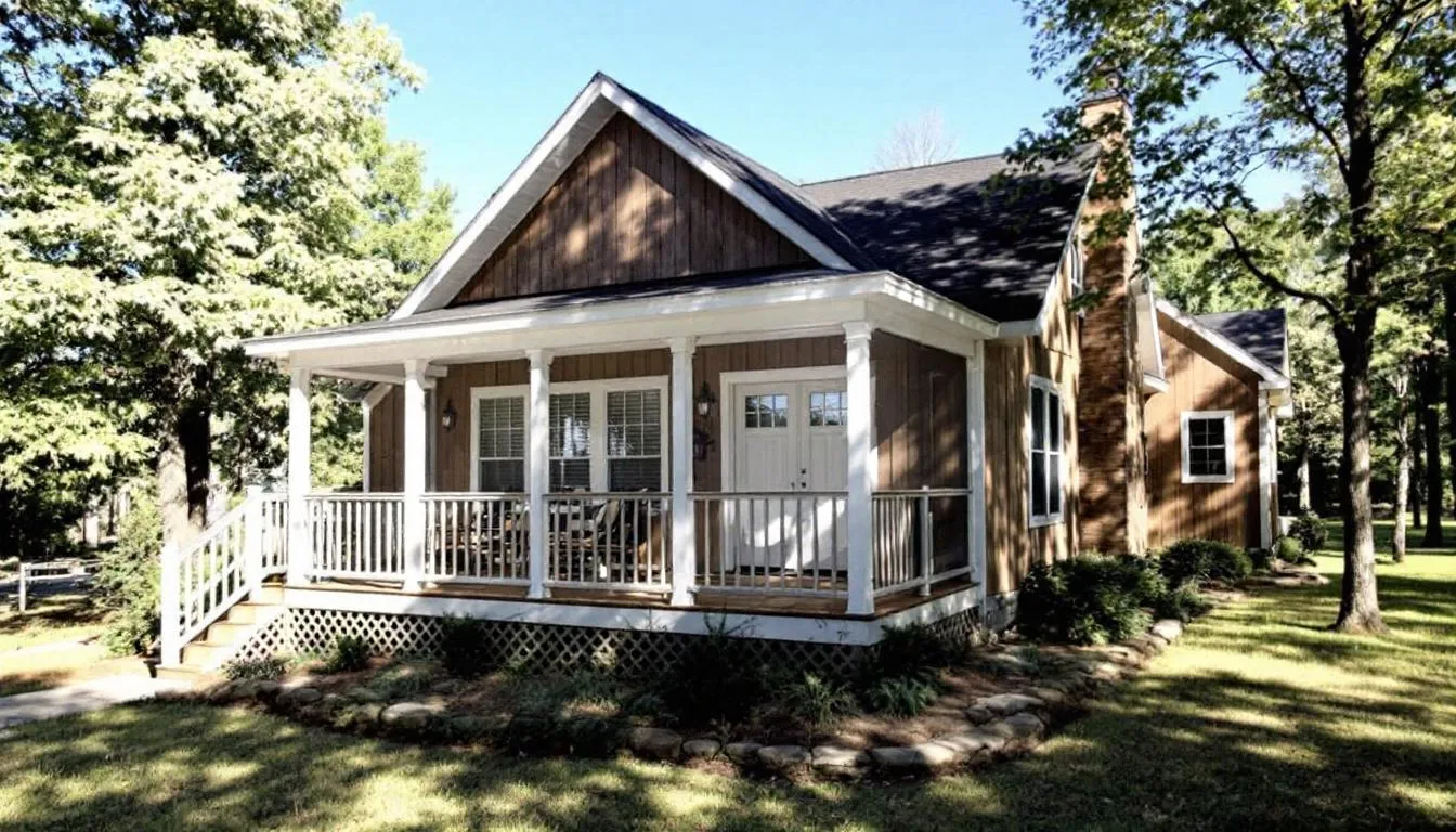 The image features a charming southern ranch house with farmhouse touches, showcasing an open floor plan that connects the spacious kitchen and dining area. A screened porch extends from the living space, inviting outdoor relaxation and entertaining.
