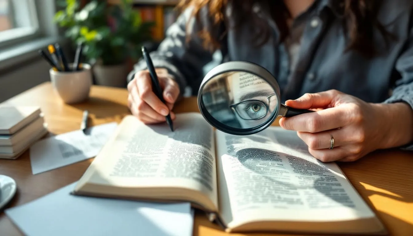 A person is using a magnifying glass to closely examine the text in a book, demonstrating a focused engagement with the written words. The scene highlights the importance of direct objects, as the magnifying glass serves as a tool to enhance the reading experience.