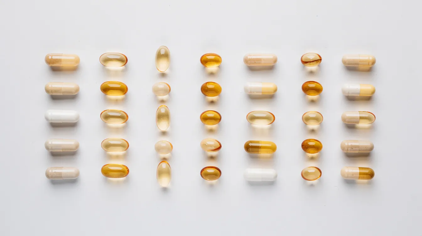The image features an assortment of supplement capsules and softgels neatly arranged on a clean white surface, highlighting products that may support cellular health and improved mitochondrial function. These dietary supplements are part of ongoing longevity research aimed at enhancing energy levels and muscle health in middle-aged adults.
