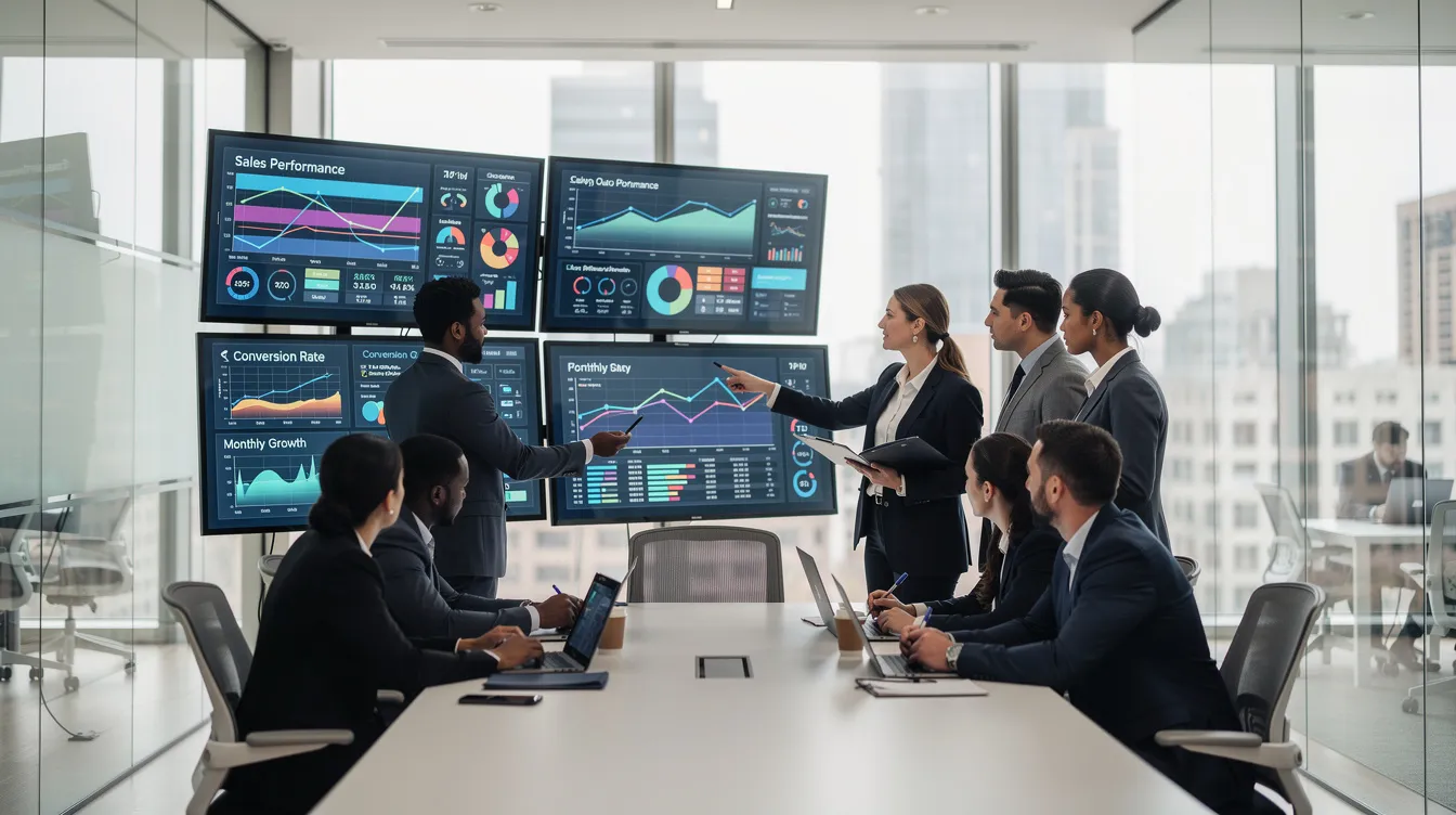 A team of professionals in a modern office reviewing digital dashboards showcasing data and analytics related to apprenticeship workflow automation.